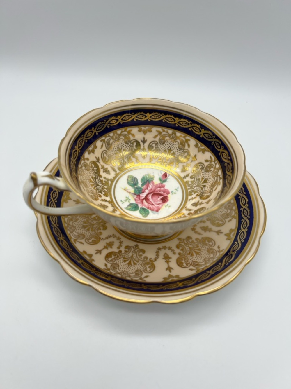 VINTAGE Paragon Teacup Saucer • Cobalt Blue Gold Gilt • Pink Rose • England